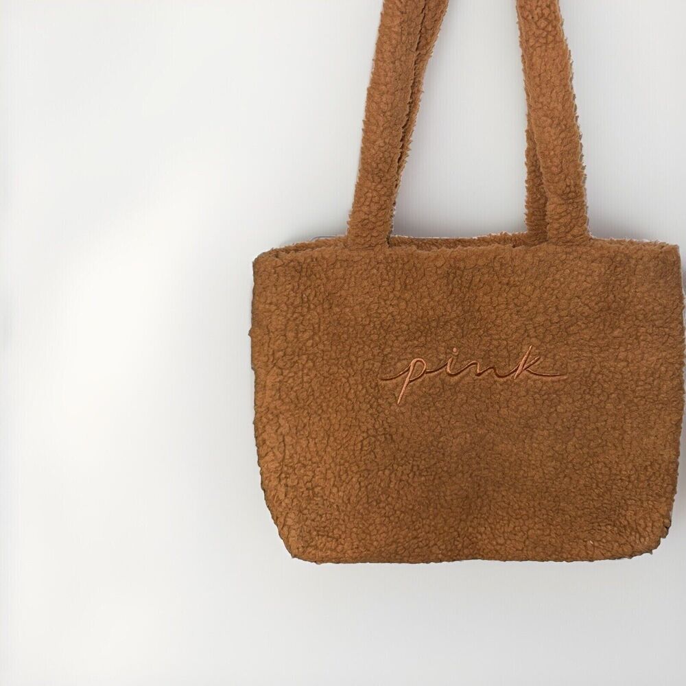 PINK Victoria's Secret Brown Berber Fleece Tote Bag Purse Sherpa Embroidered EUC